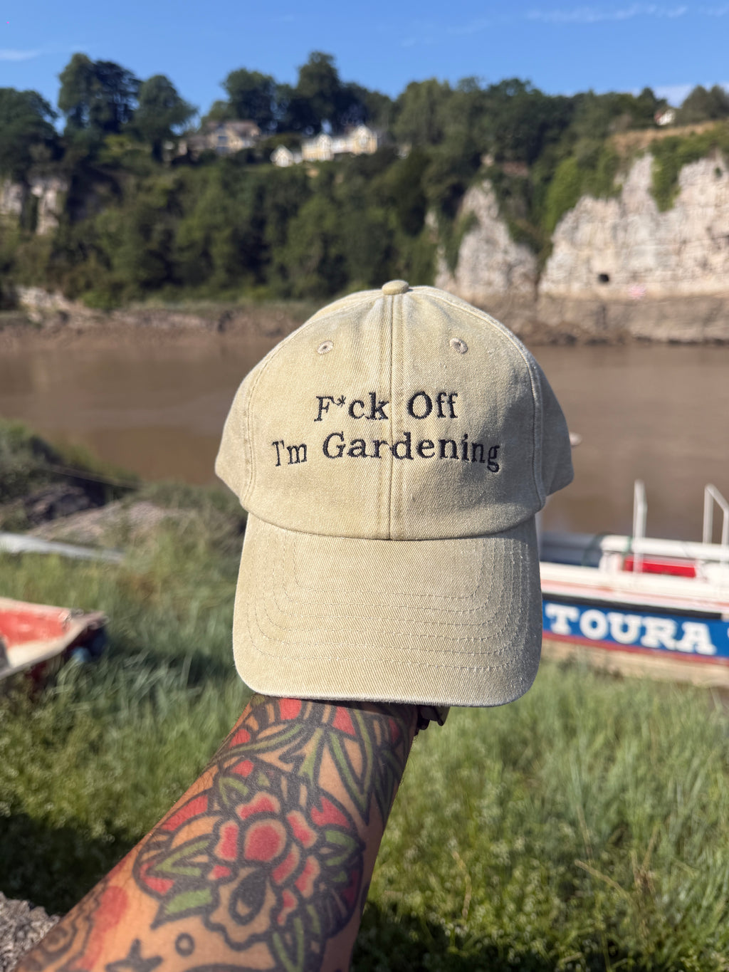 Funny "F*ck Off I'm Gardening" Embroidered Dad Cap – Beige Adjustable Strapback – Gardening Gift Hat