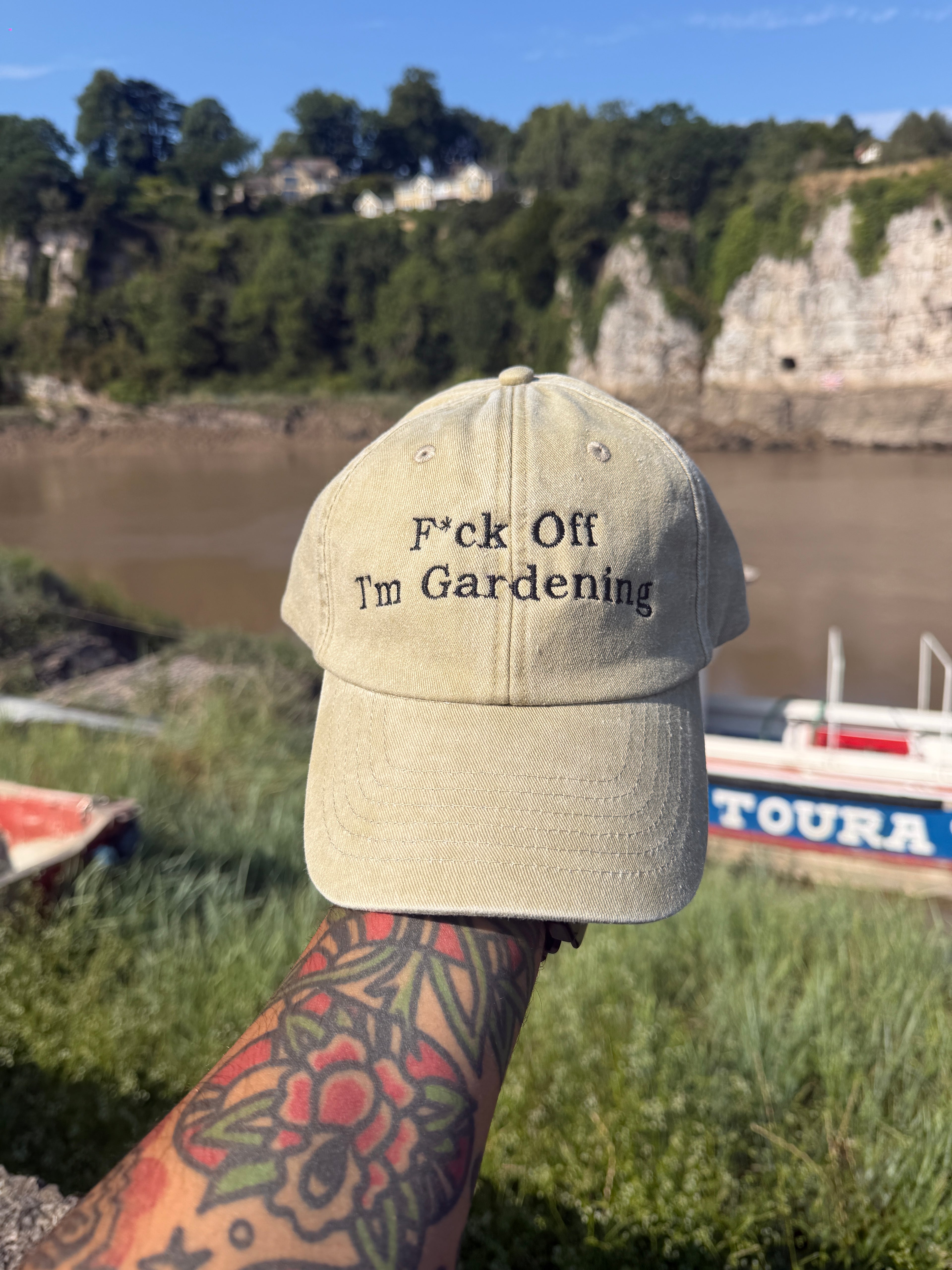 Funny "F*ck Off I'm Gardening" Embroidered Dad Cap – Beige Adjustable Strapback – Gardening Gift Hat