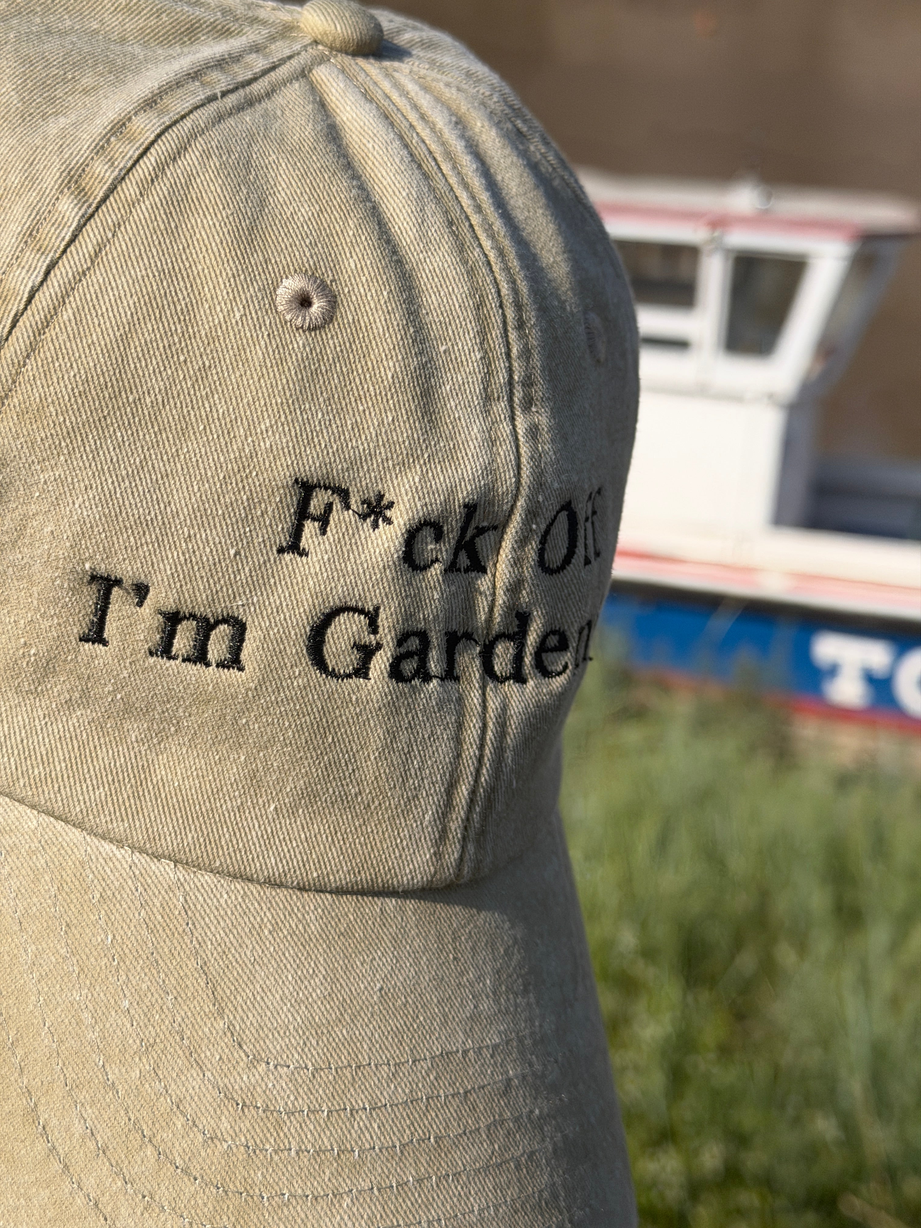 Funny "F*ck Off I'm Gardening" Embroidered Dad Cap – Beige Adjustable Strapback – Gardening Gift Hat