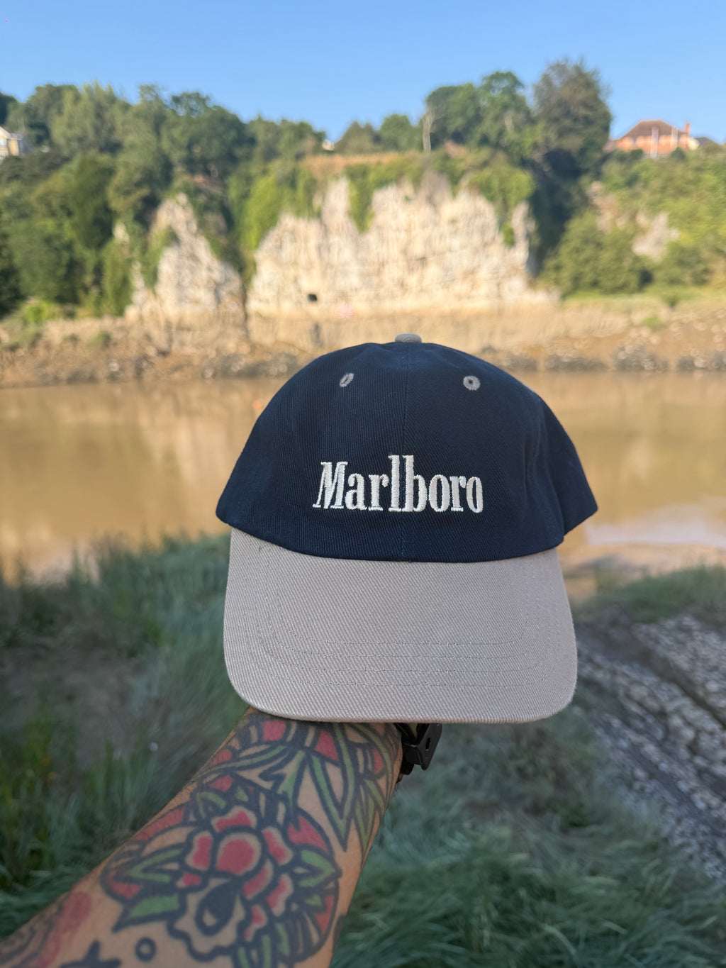 Marlboro Two-Tone Dad Cap – Navy & Stone Vintage style Embroidered Logo – Adjustable Strapback Hat