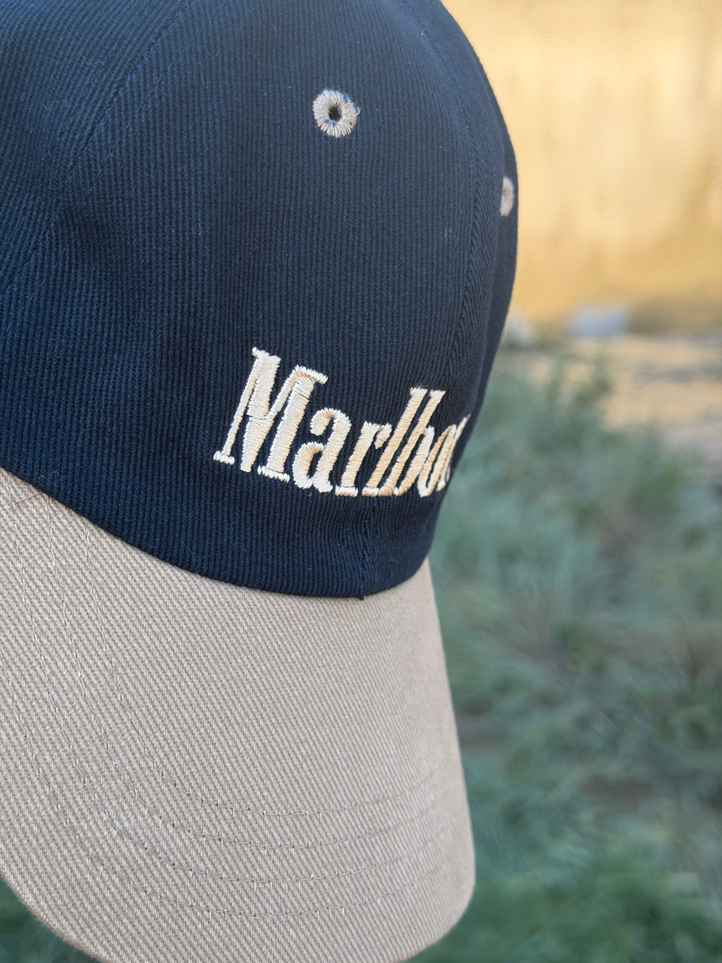 Marlboro Two-Tone Dad Cap – Navy & Stone Vintage style Embroidered Logo – Adjustable Strapback Hat