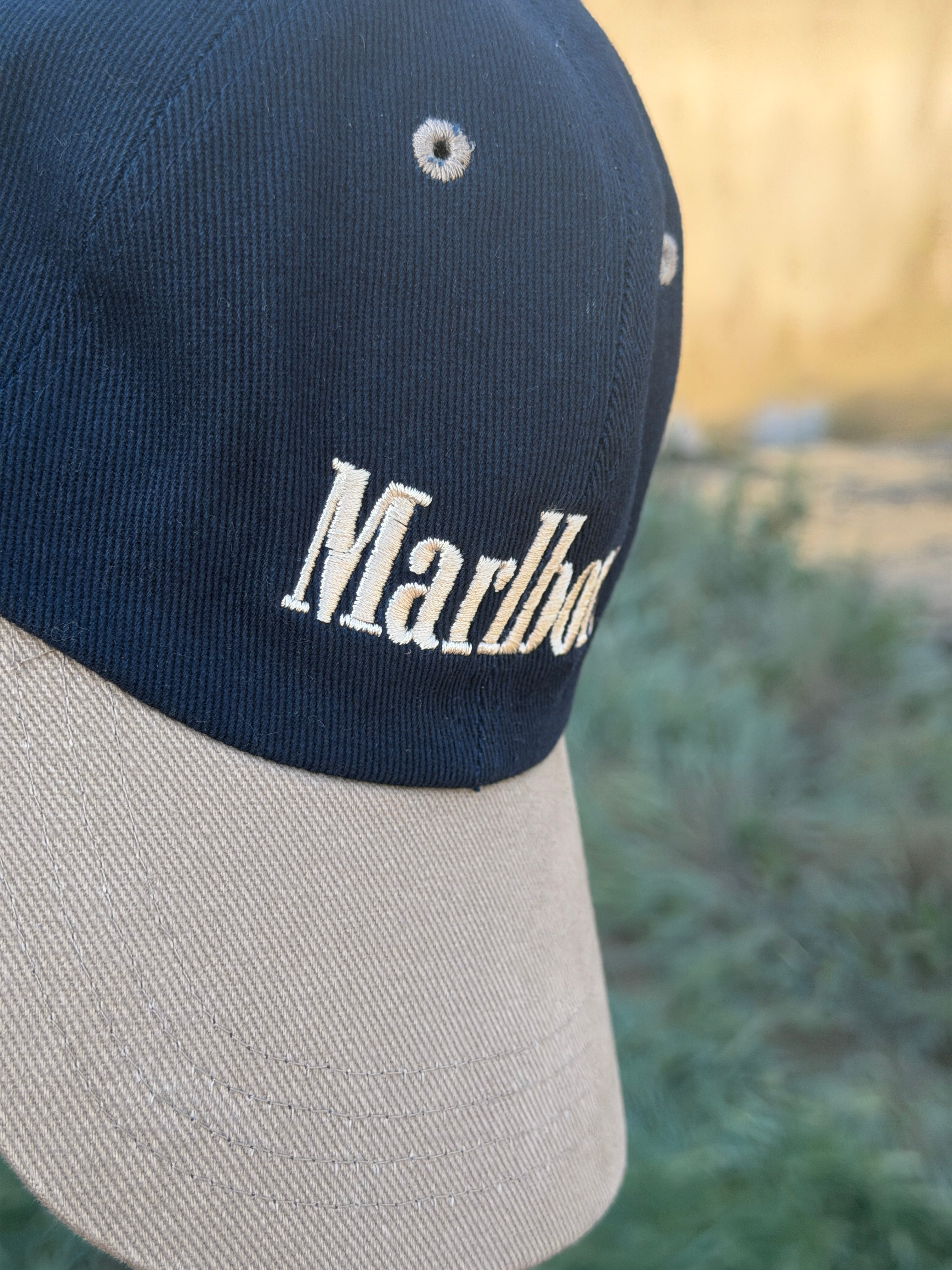 Marlboro Two-Tone Dad Cap – Navy & Stone Vintage style Embroidered Logo – Adjustable Strapback Hat