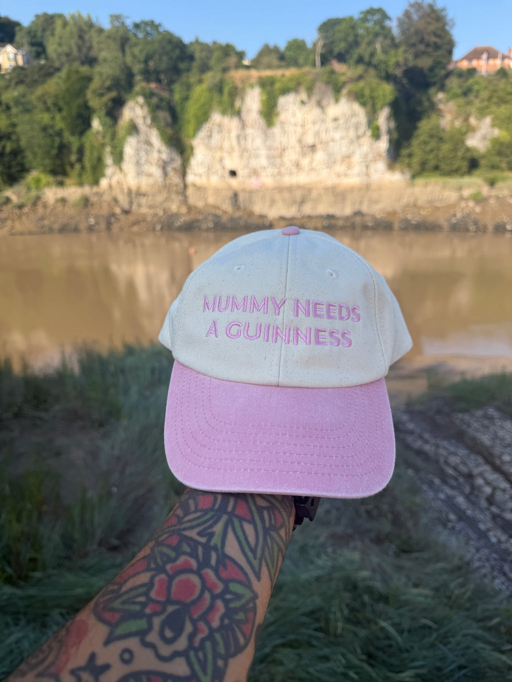 Mummy Needs A Guinness Embroidered Dad Cap – Pink & Cream Adjustable – Funny Women's Hat