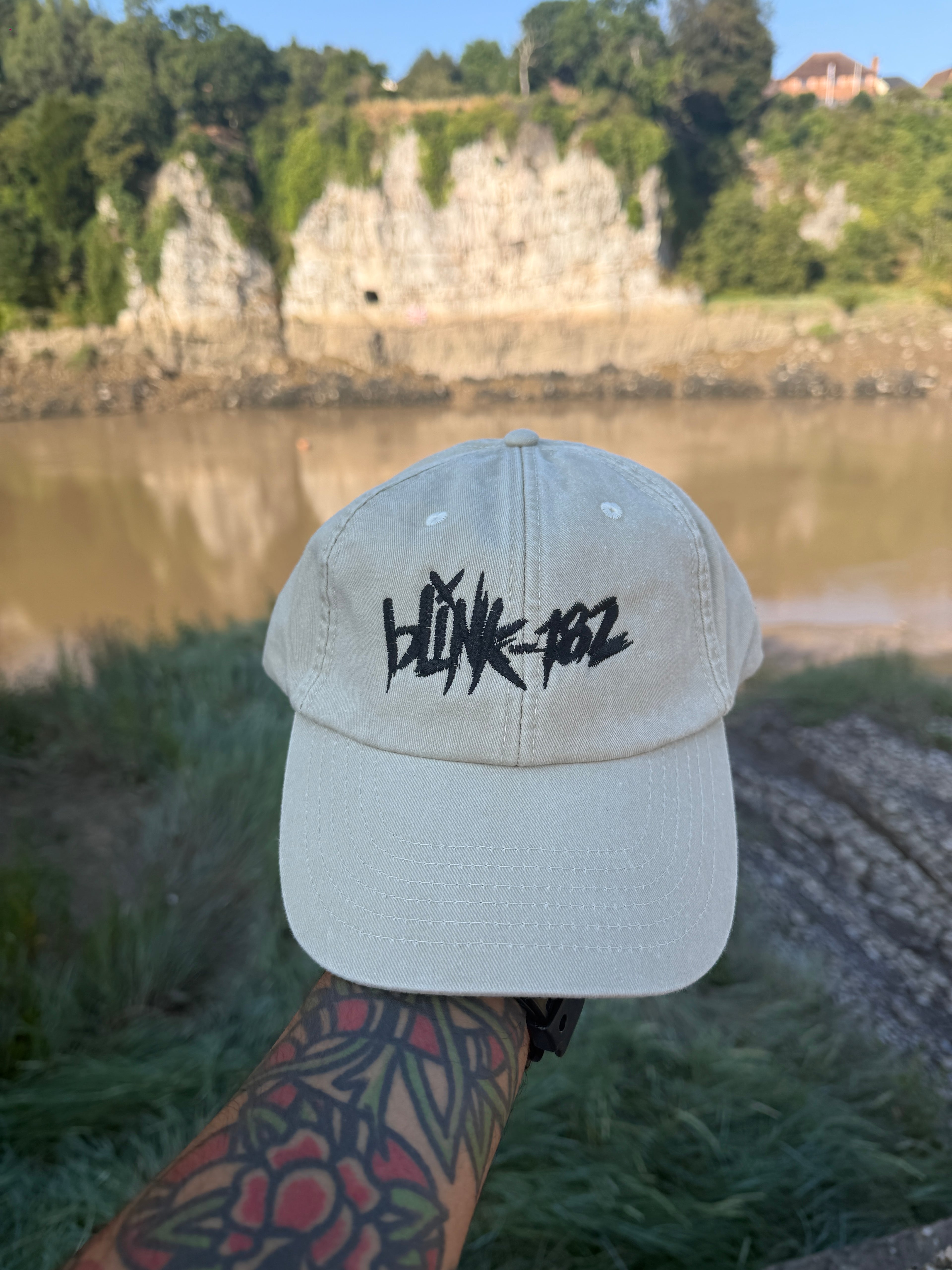 Blink-182 Embroidered Dad Cap – Cream Adjustable Strapback – Pop Punk Band Hat