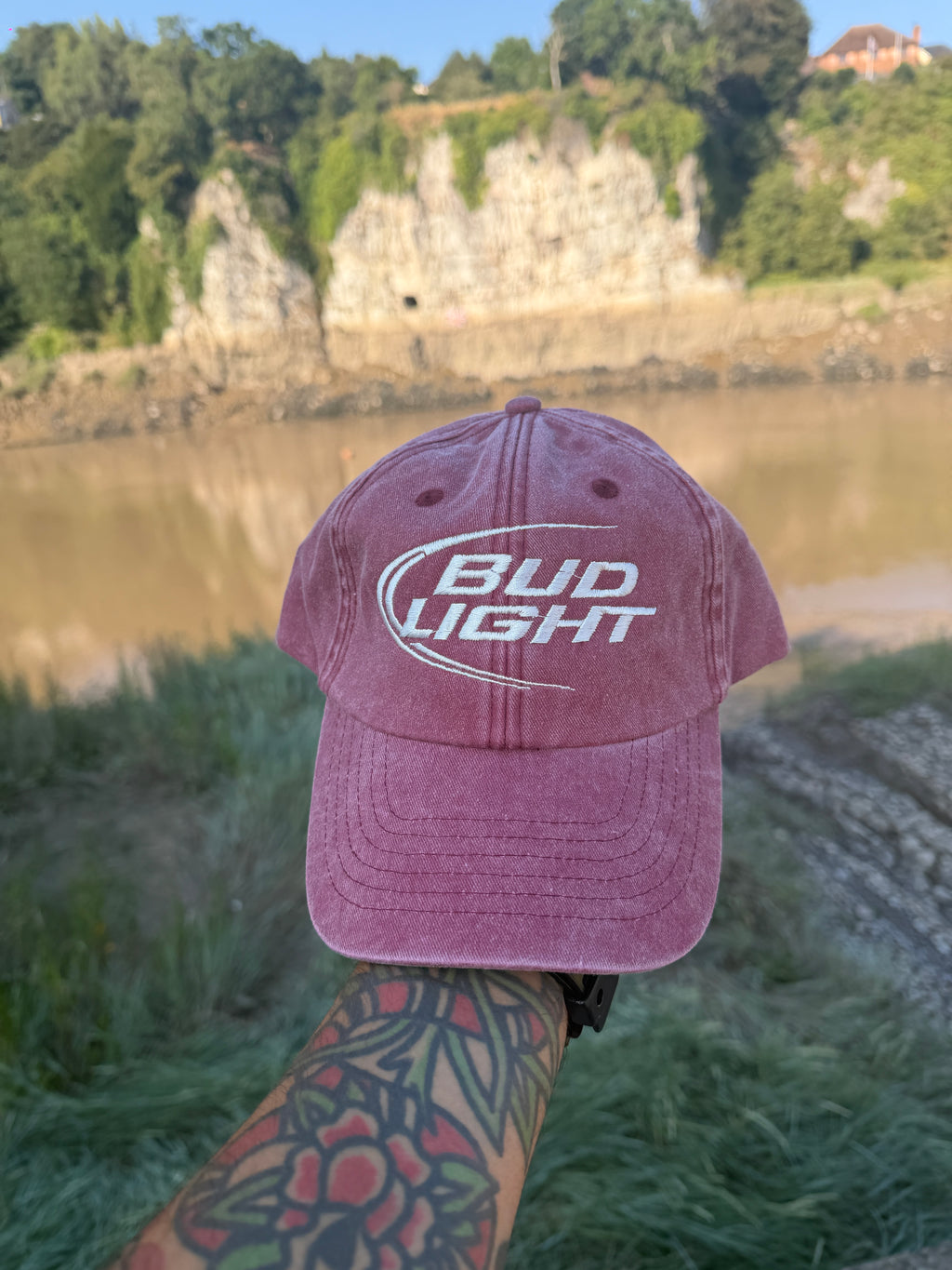 Bud Light Vintage Style  Embroidered Dad Cap – Washed Red Adjustable Strapback – Beer Logo Hat