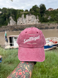 San Miguel Vintage Style Red Burgundy Faded Embroidered Cerveza Merch Baseball Cap