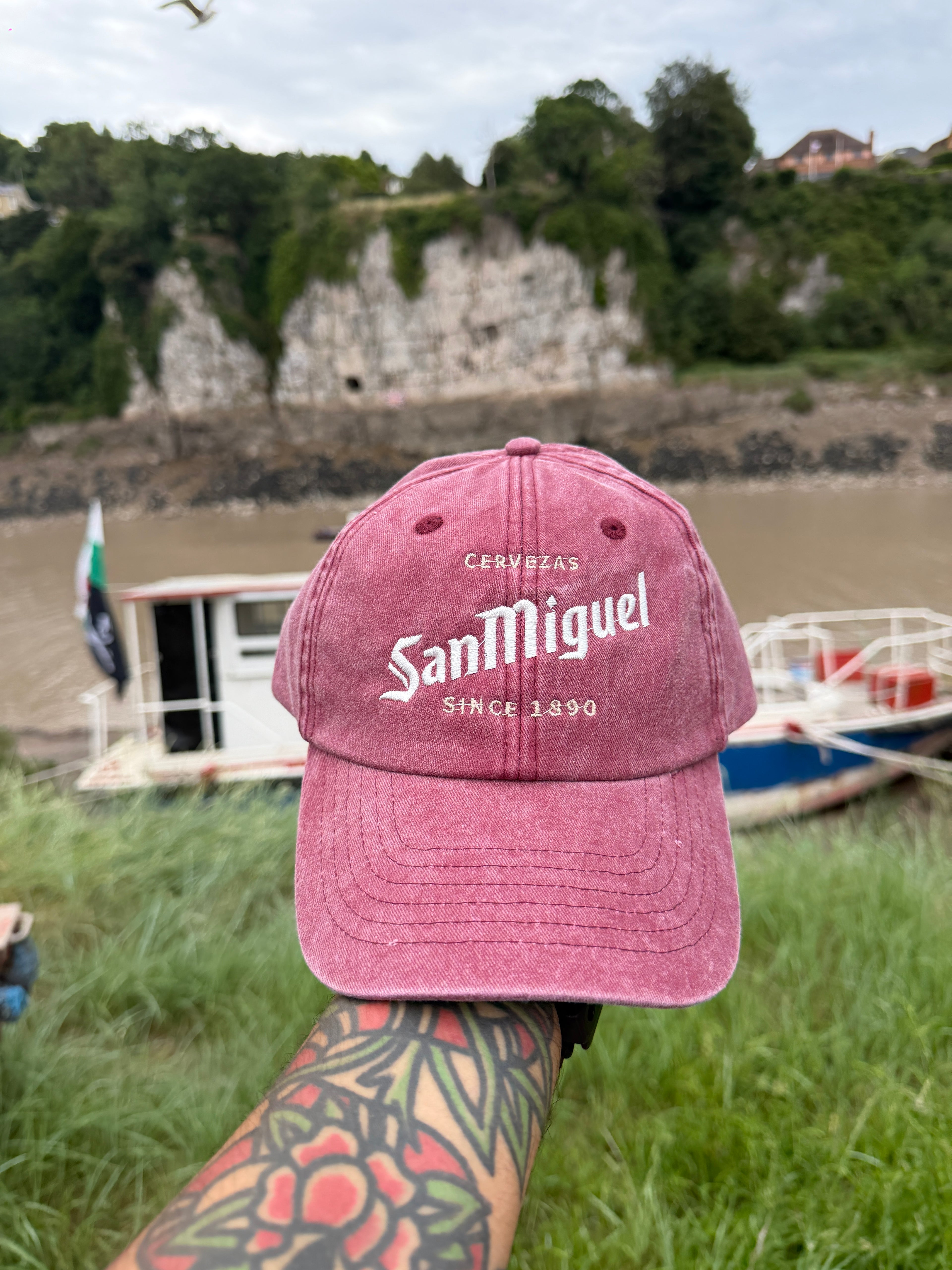 San Miguel Vintage Style Red Burgundy Faded Embroidered Cerveza Merch Baseball Cap