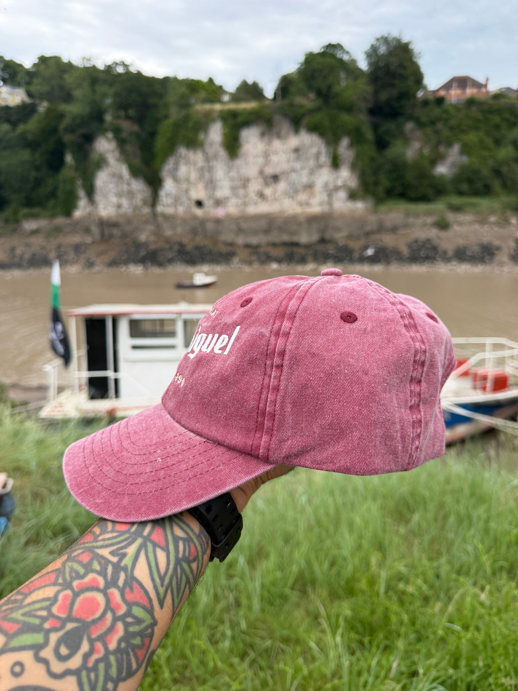 San Miguel Vintage Style Red Burgundy Faded Embroidered Cerveza Merch Baseball Cap