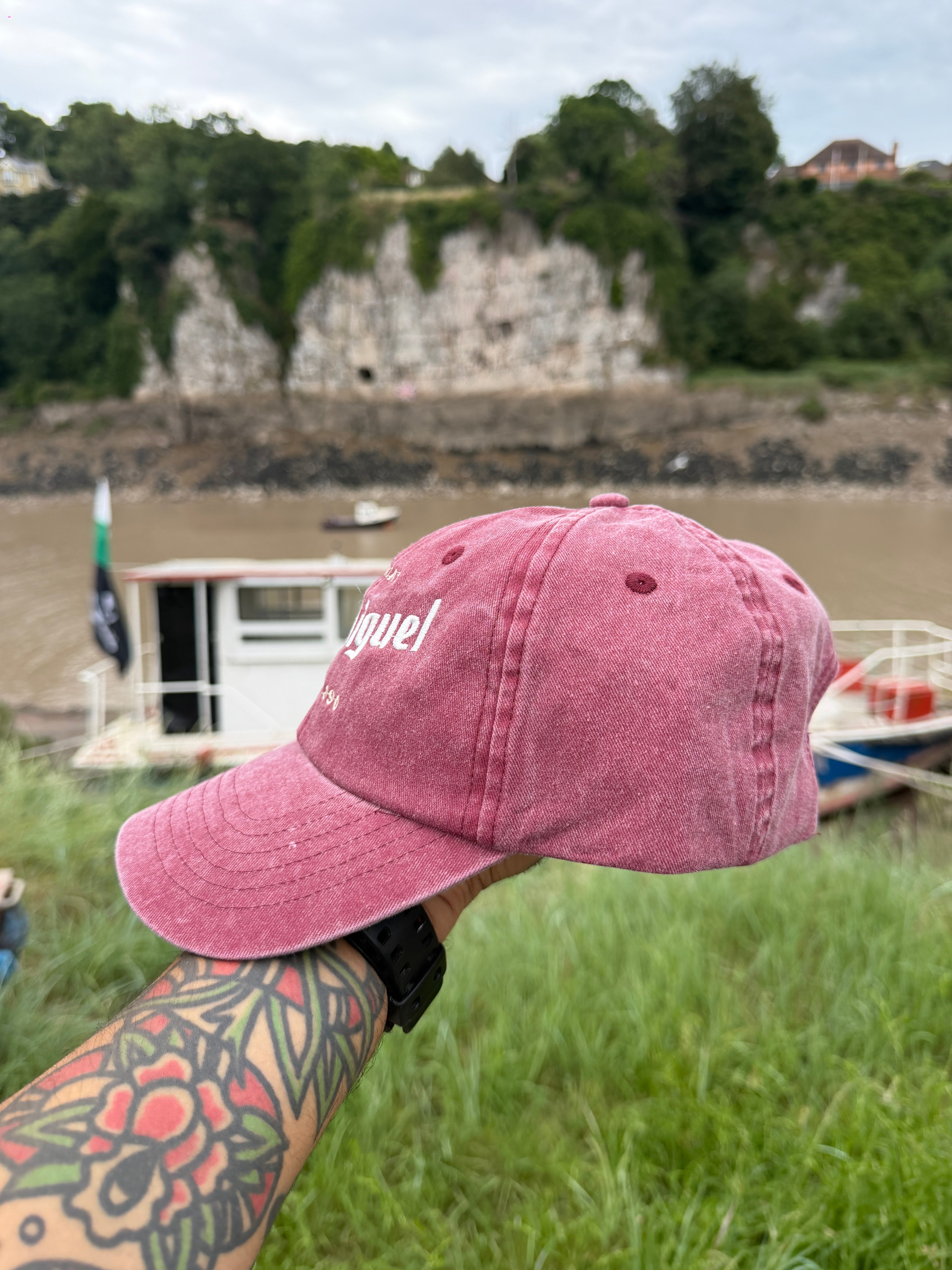 San Miguel Vintage Style Red Burgundy Faded Embroidered Cerveza Merch Baseball Cap