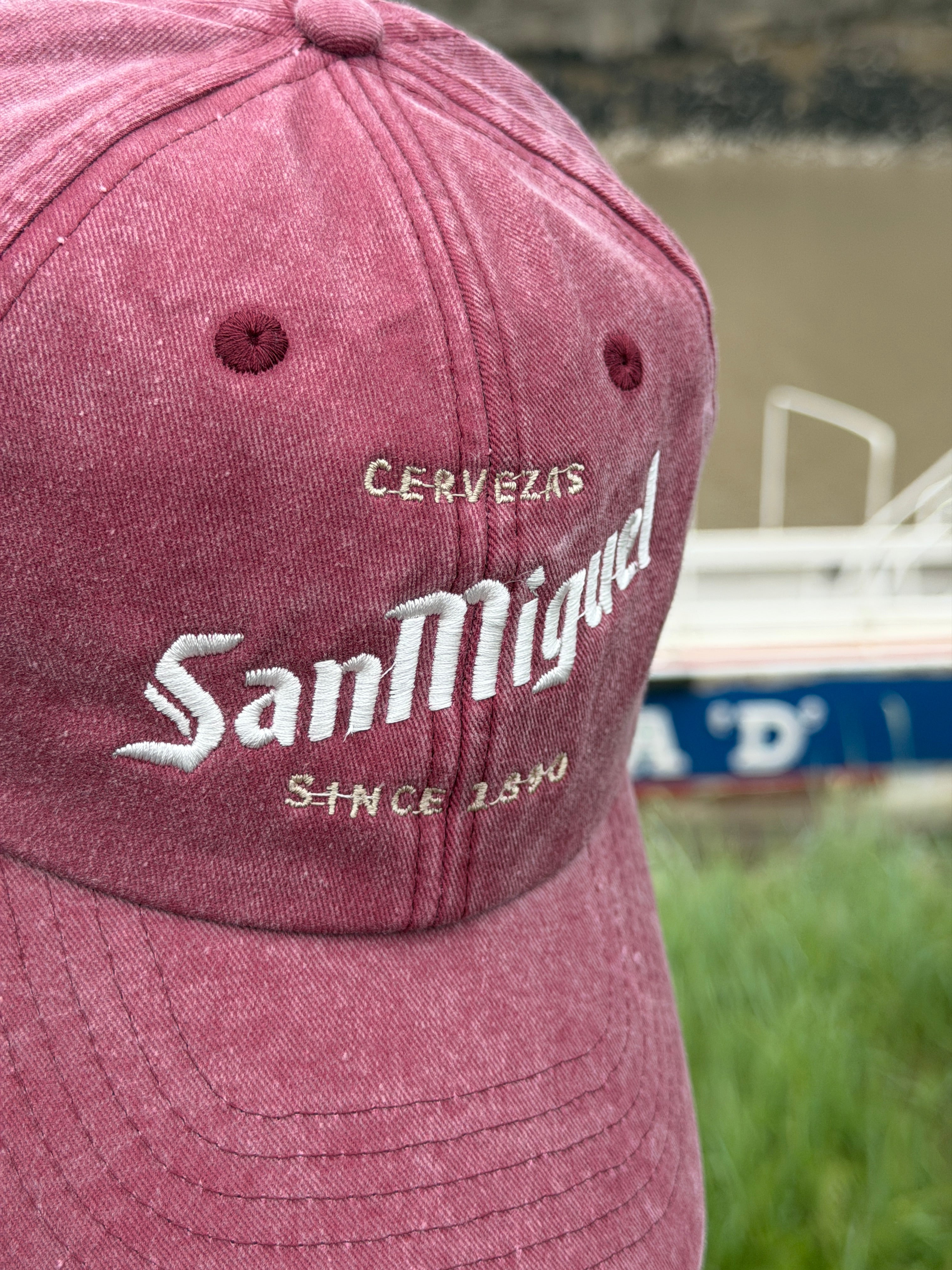 San Miguel Vintage Style Red Burgundy Faded Embroidered Cerveza Merch Baseball Cap