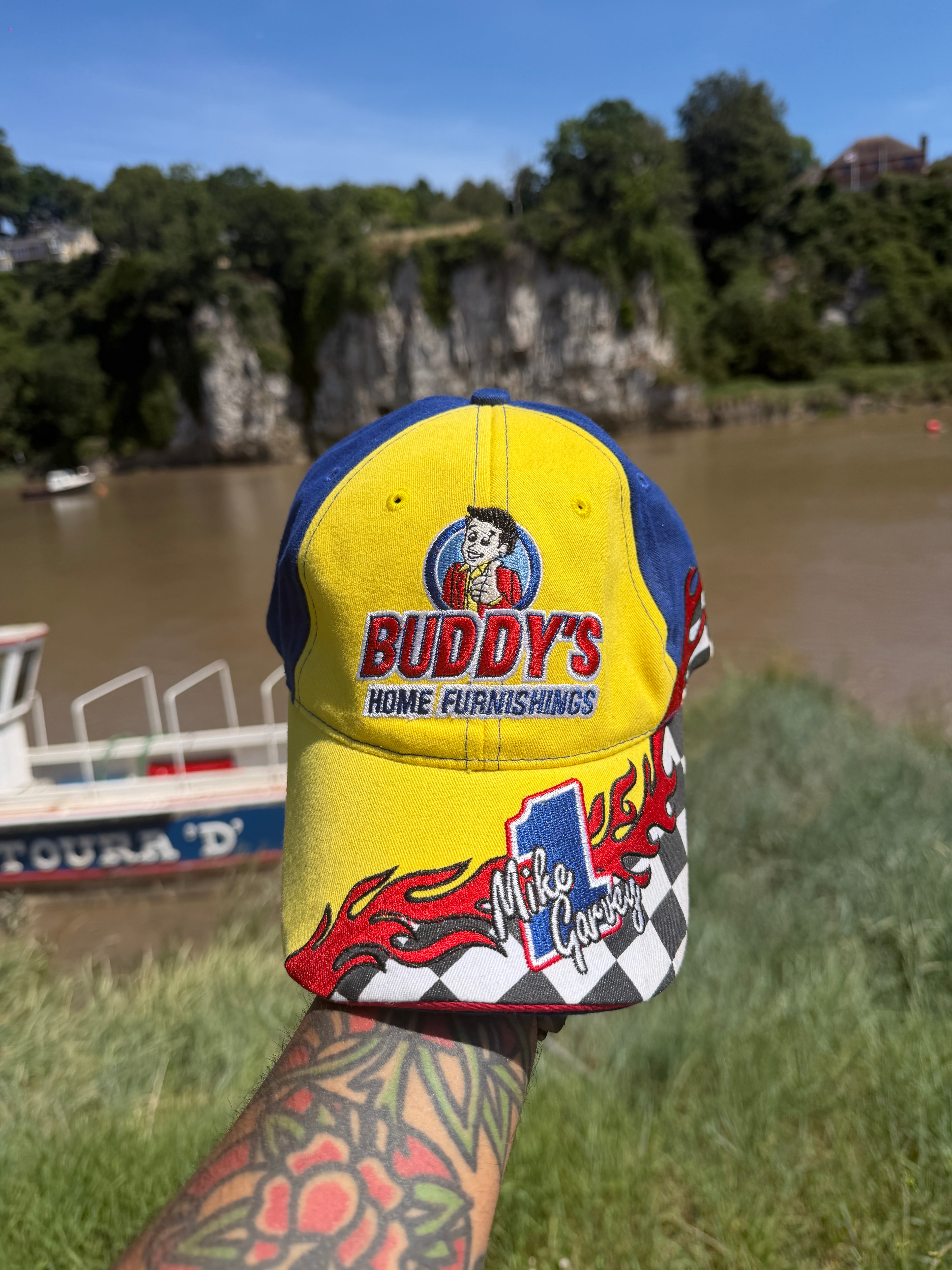 Vintage NASCAR Buddy's Home Furnishings Mike Garvey Racing Cap | Yellow Embroidered Adjustable Hat