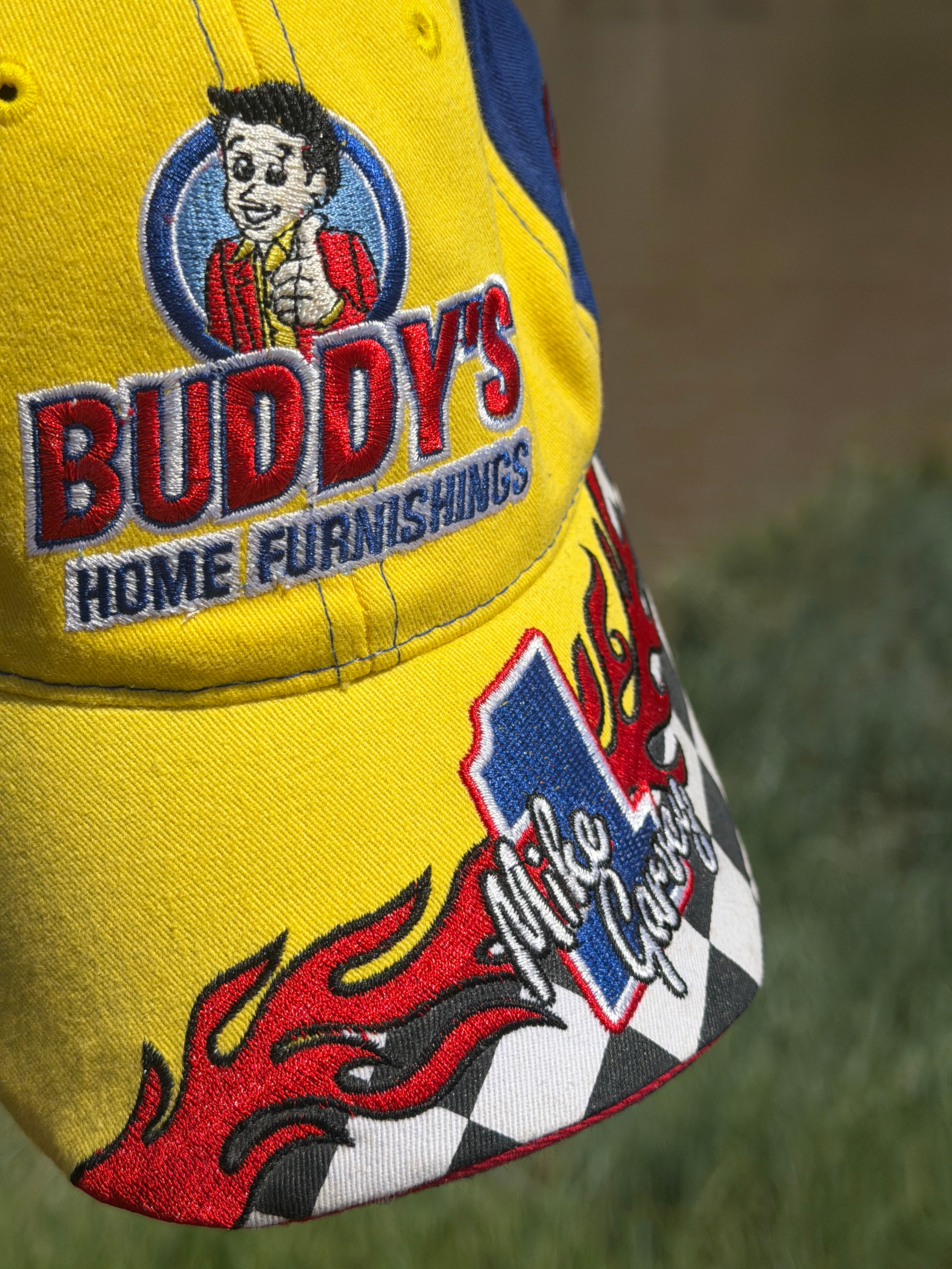 Vintage NASCAR Buddy's Home Furnishings Mike Garvey Racing Cap | Yellow Embroidered Adjustable Hat
